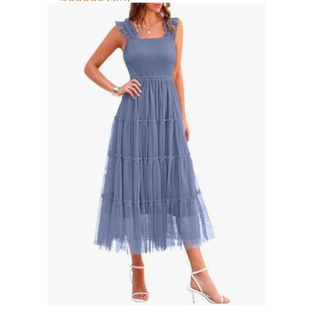 Pretty Garden Womens Small Blue Smocked Ruffle Sleeve Tulle Midi Dress Casual